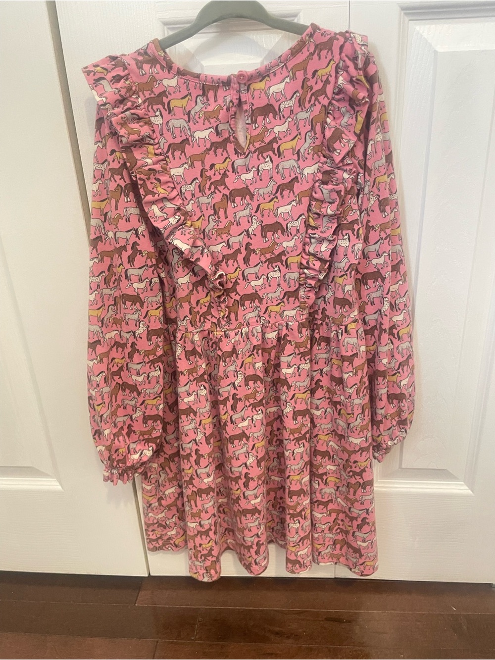Girls' Mini Boden Pink Horse Print Ruffle Long-Sleeve Dress